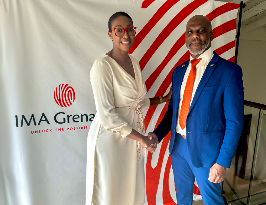 Nisha Mc Intyre, Managing Director of My Grenada Solutions Inc., congratulates Thomas Anthony, CEO of the Investment Migration Agency Grenada, on the new brand and identity.